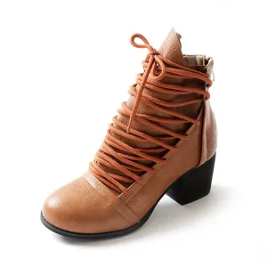 Straps Cross Lace UP Round Toe Chunky Low Heels Short Boots