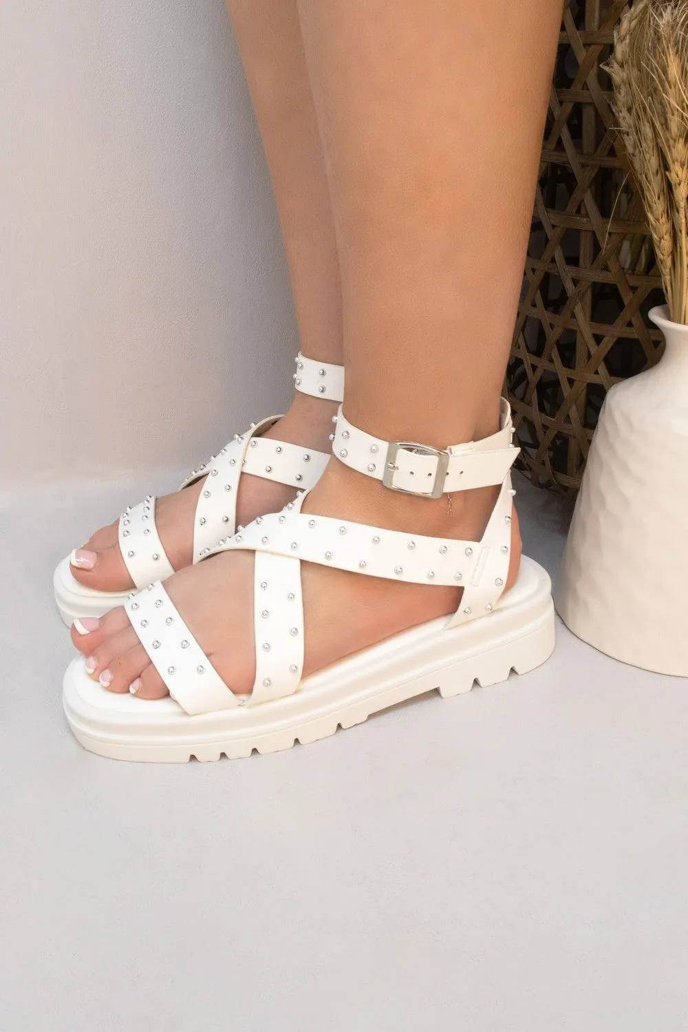 Studded Chunky Gladiator Sandal White