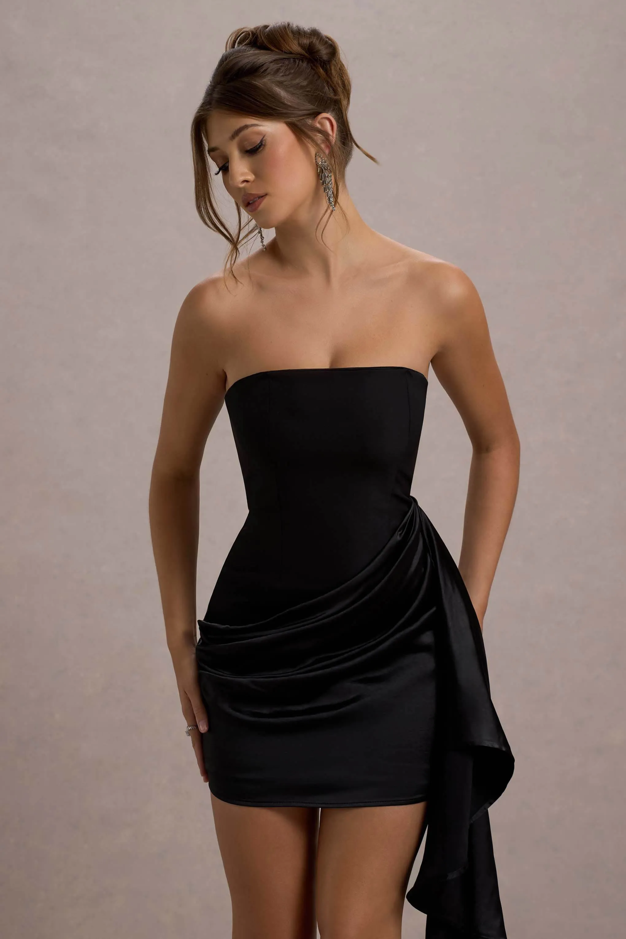 Sweet Talk | Black Satin Bandeau Mini Dress With Drape Skirt