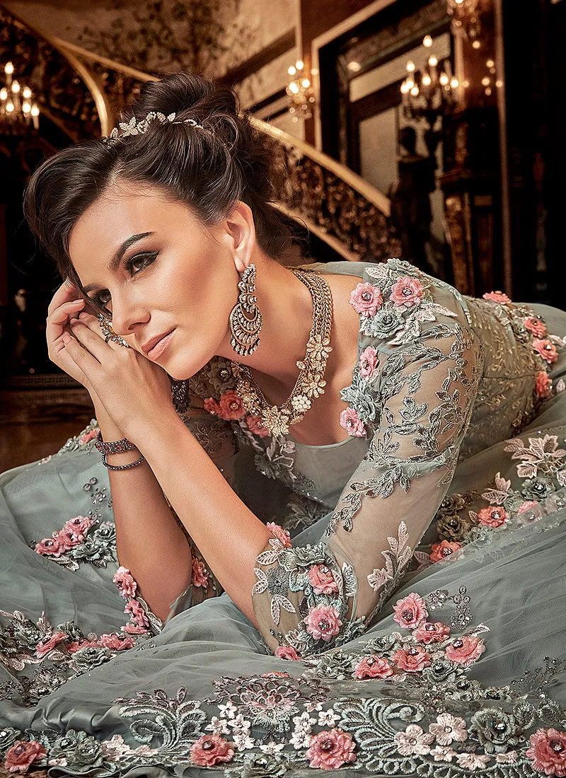 Teal Blue Floral Embroidered Wedding Anarkali Suit
