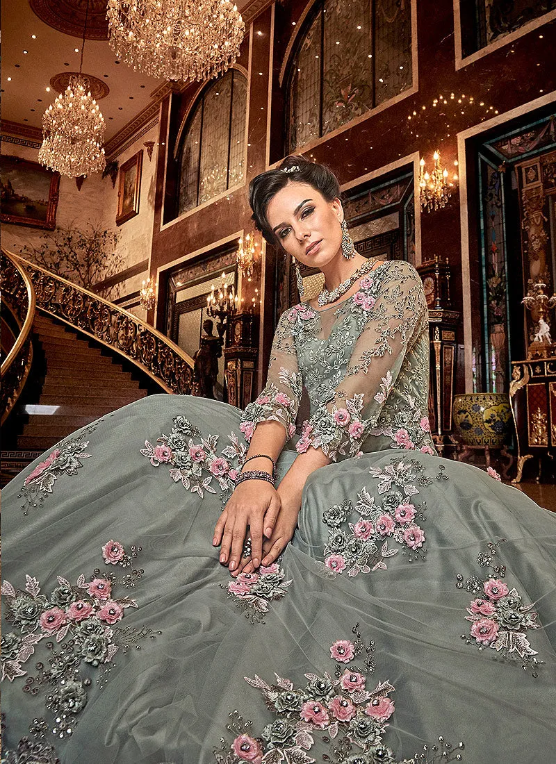 Teal Blue Floral Embroidered Wedding Anarkali Suit