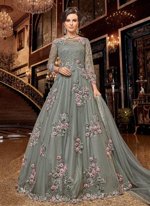 Teal Blue Floral Embroidered Wedding Anarkali Suit