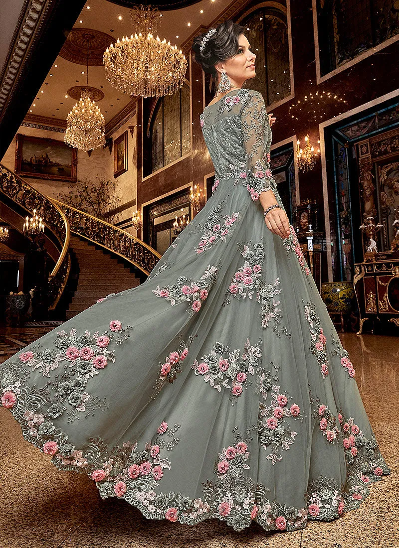Teal Blue Floral Embroidered Wedding Anarkali Suit