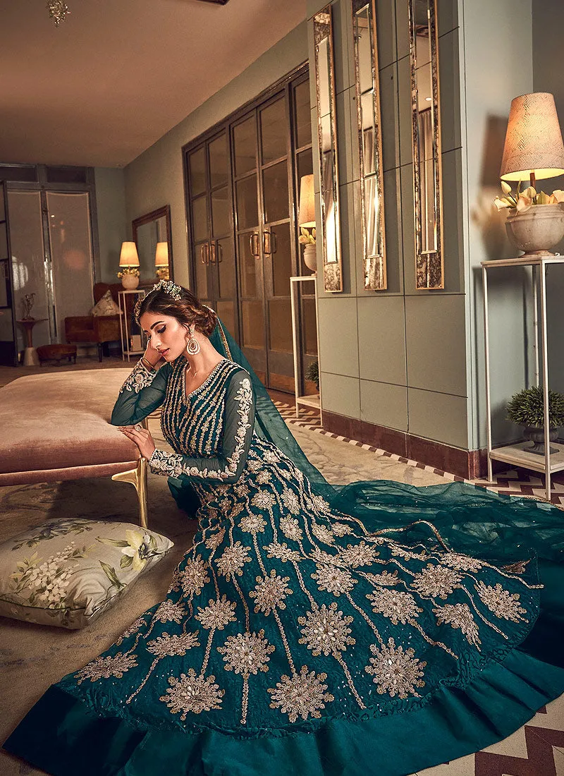 Turquoise Blue Designer Embroidered Wedding Anarkali Suit
