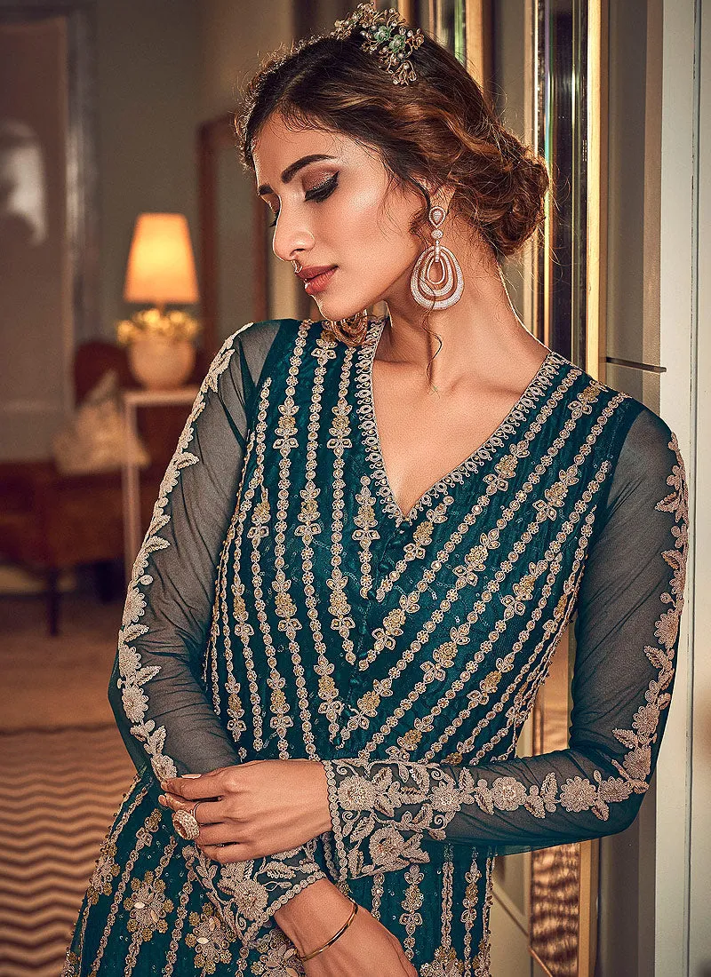 Turquoise Blue Designer Embroidered Wedding Anarkali Suit