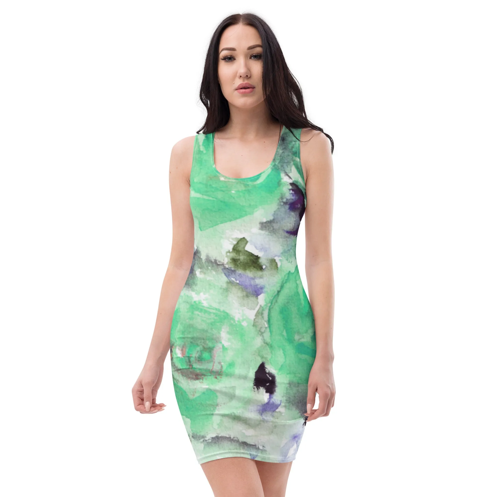 Turquoise Blue Rose Dress, Floral Rose Print Long Sleeveless Women's Dress-Made in USA/EU