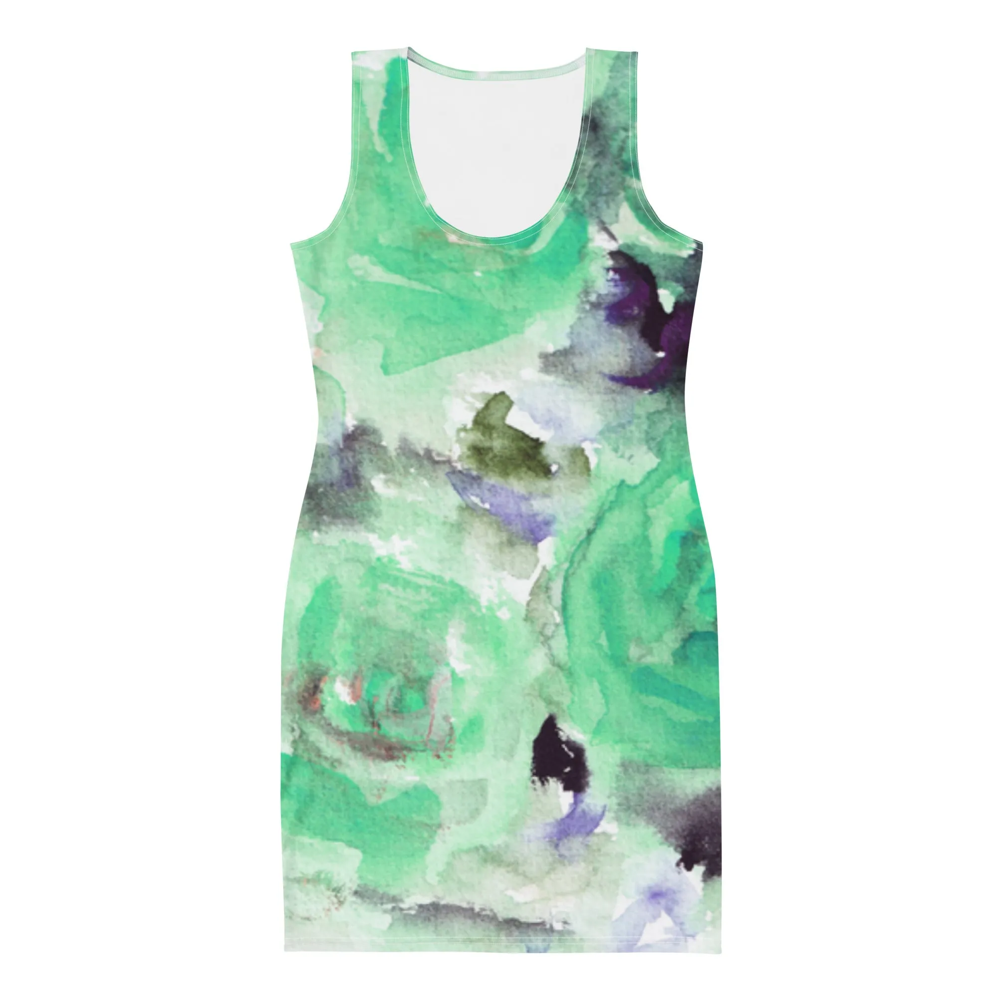 Turquoise Blue Rose Dress, Floral Rose Print Long Sleeveless Women's Dress-Made in USA/EU