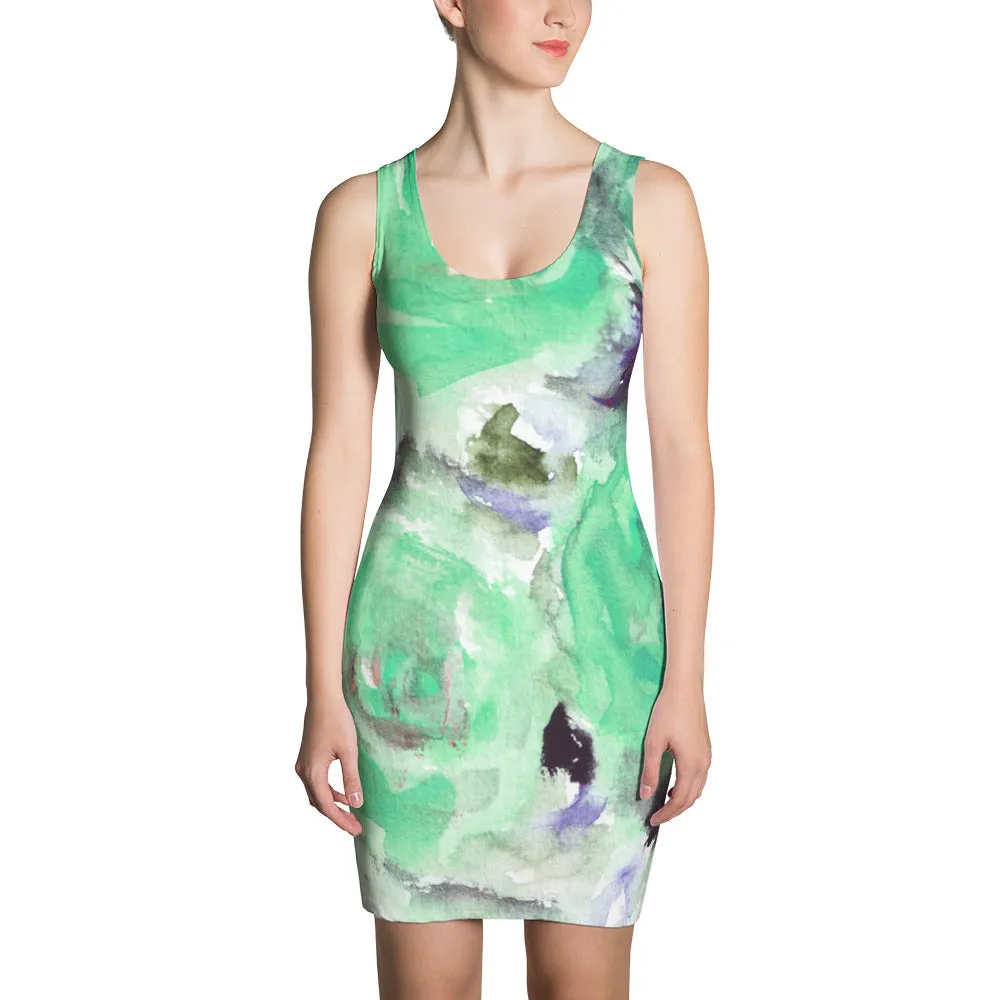Turquoise Blue Rose Dress, Floral Rose Print Long Sleeveless Women's Dress-Made in USA/EU
