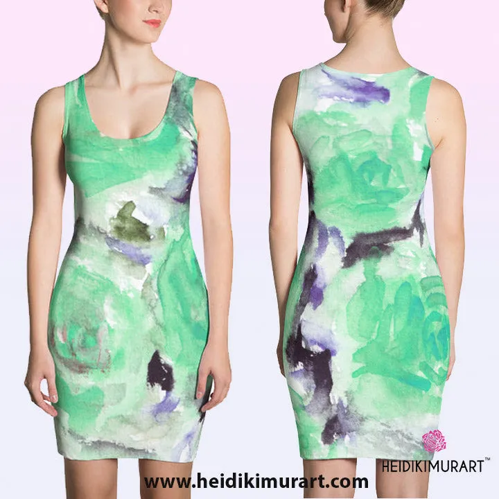 Turquoise Blue Rose Dress, Floral Rose Print Long Sleeveless Women's Dress-Made in USA/EU