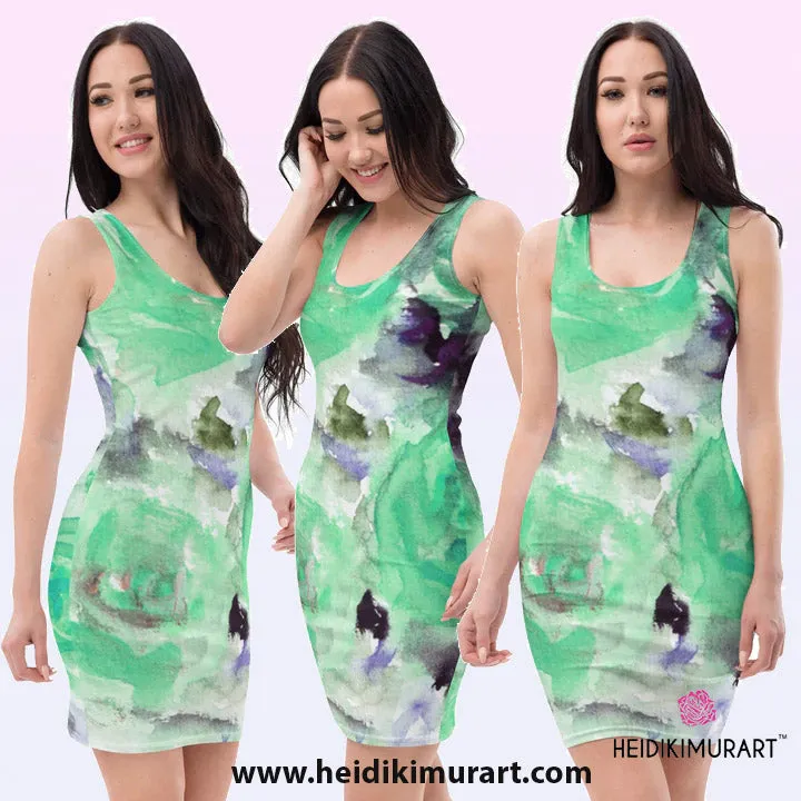 Turquoise Blue Rose Dress, Floral Rose Print Long Sleeveless Women's Dress-Made in USA/EU