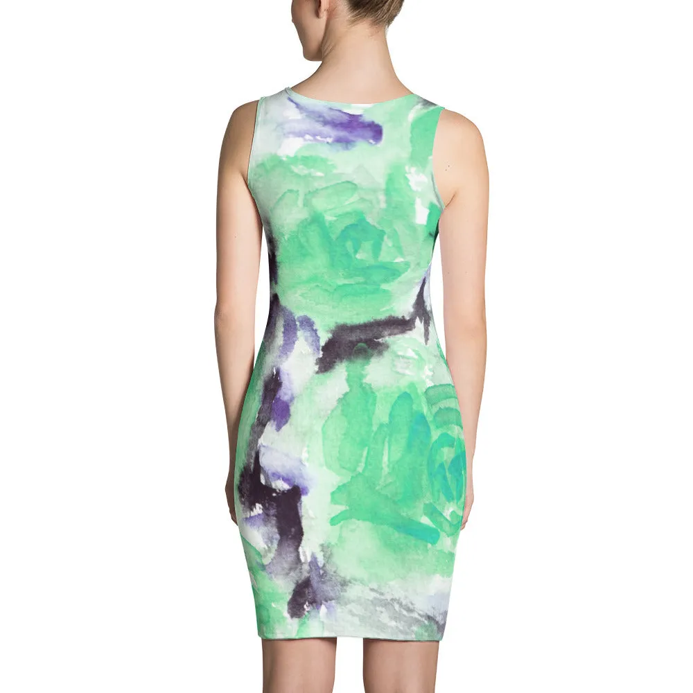 Turquoise Blue Rose Dress, Floral Rose Print Long Sleeveless Women's Dress-Made in USA/EU