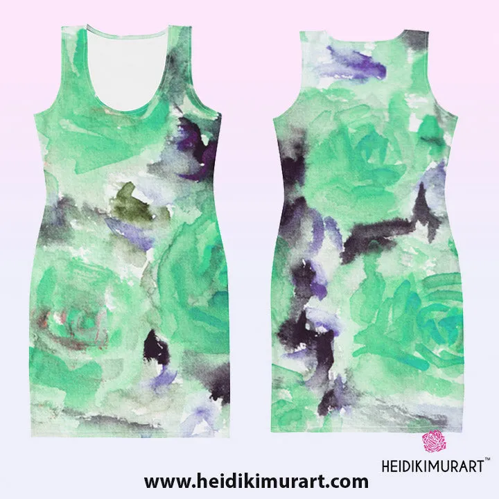Turquoise Blue Rose Dress, Floral Rose Print Long Sleeveless Women's Dress-Made in USA/EU