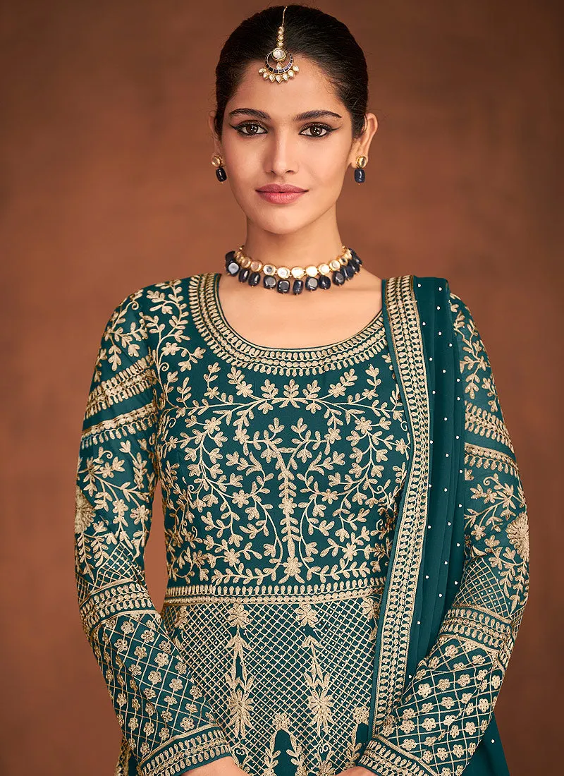 Turquoise Embroidered Designer Wedding Anarkali Gown