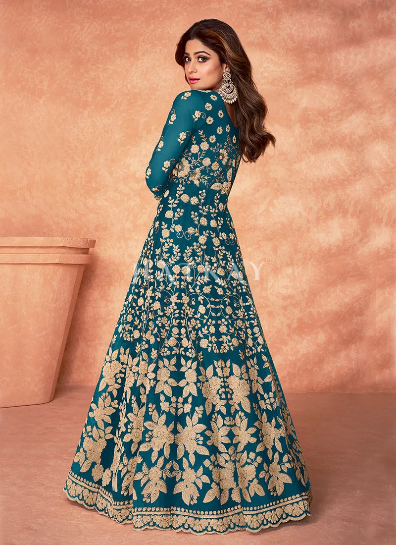 Turquoise Embroidered Net Anarkali Suit