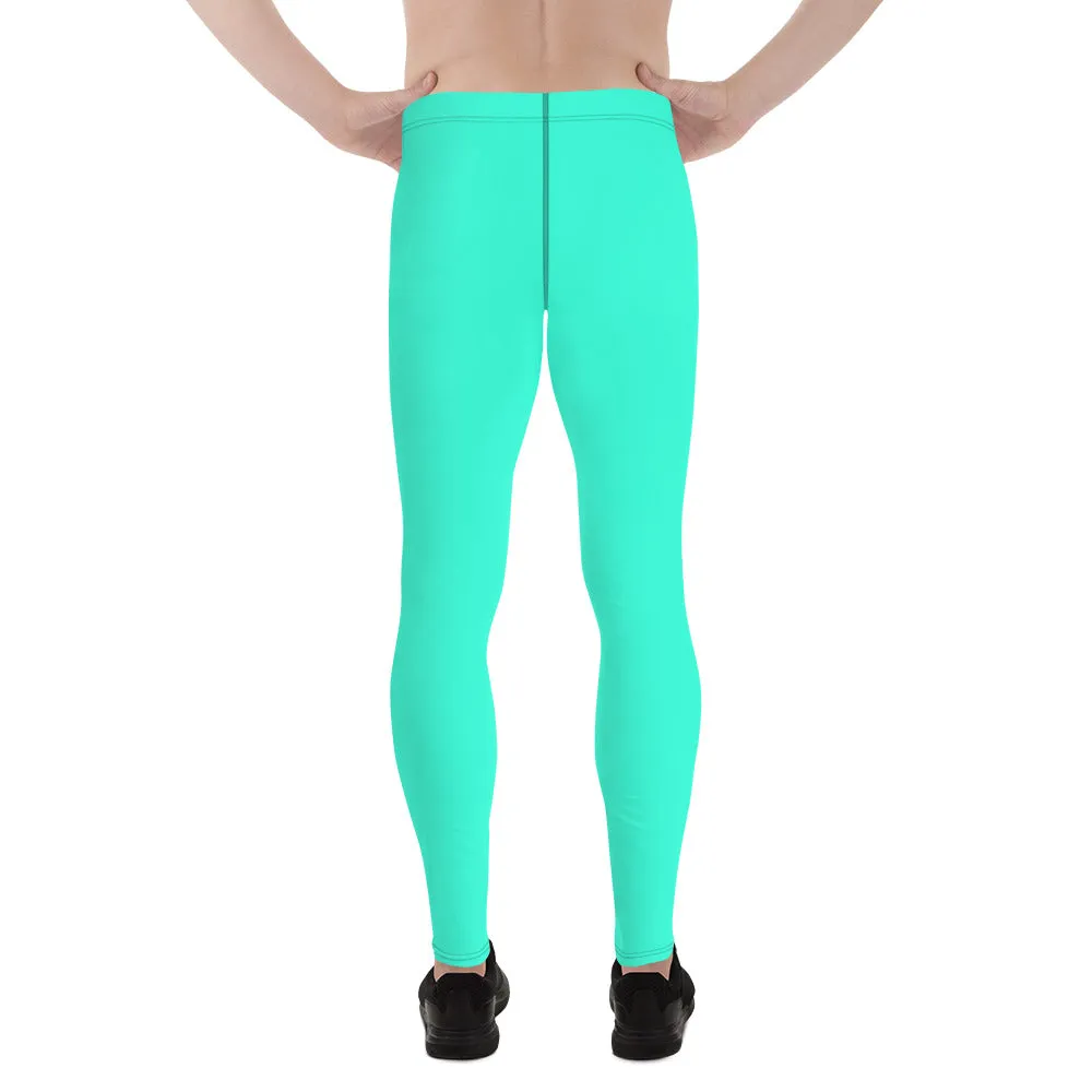Turquoise Neon Blue Best Meggings, Solid Bright Blue Color Men's Running Leggings -Made in USA/EU