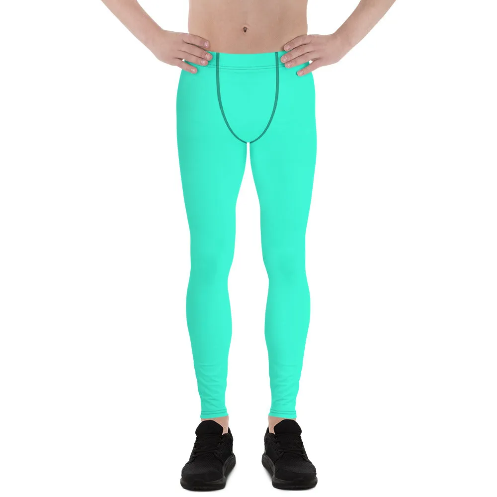 Turquoise Neon Blue Best Meggings, Solid Bright Blue Color Men's Running Leggings -Made in USA/EU