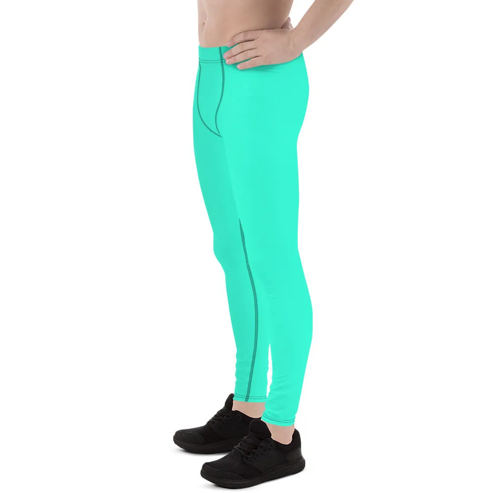 Turquoise Neon Blue Best Meggings, Solid Bright Blue Color Men's Running Leggings -Made in USA/EU
