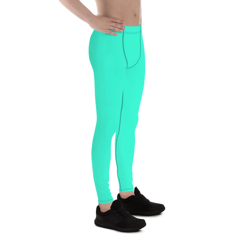 Turquoise Neon Blue Best Meggings, Solid Bright Blue Color Men's Running Leggings -Made in USA/EU