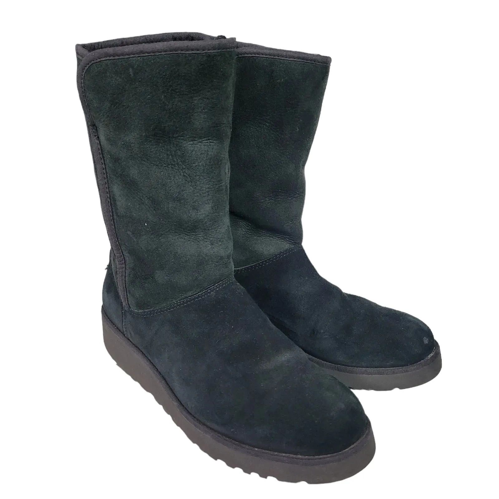 UGG Aimie Boots Black Wedge Heel Shearling Suede Sheepskin Fur Comfort Pull On Size 8