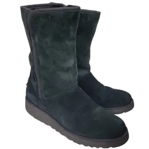 UGG Aimie Boots Black Wedge Heel Shearling Suede Sheepskin Fur Comfort Pull On Size 8
