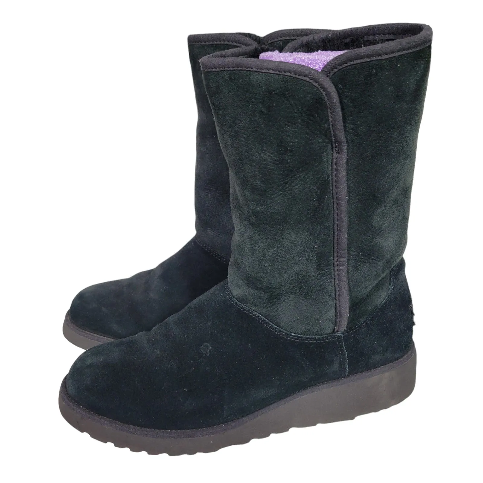UGG Aimie Boots Black Wedge Heel Shearling Suede Sheepskin Fur Comfort Pull On Size 8
