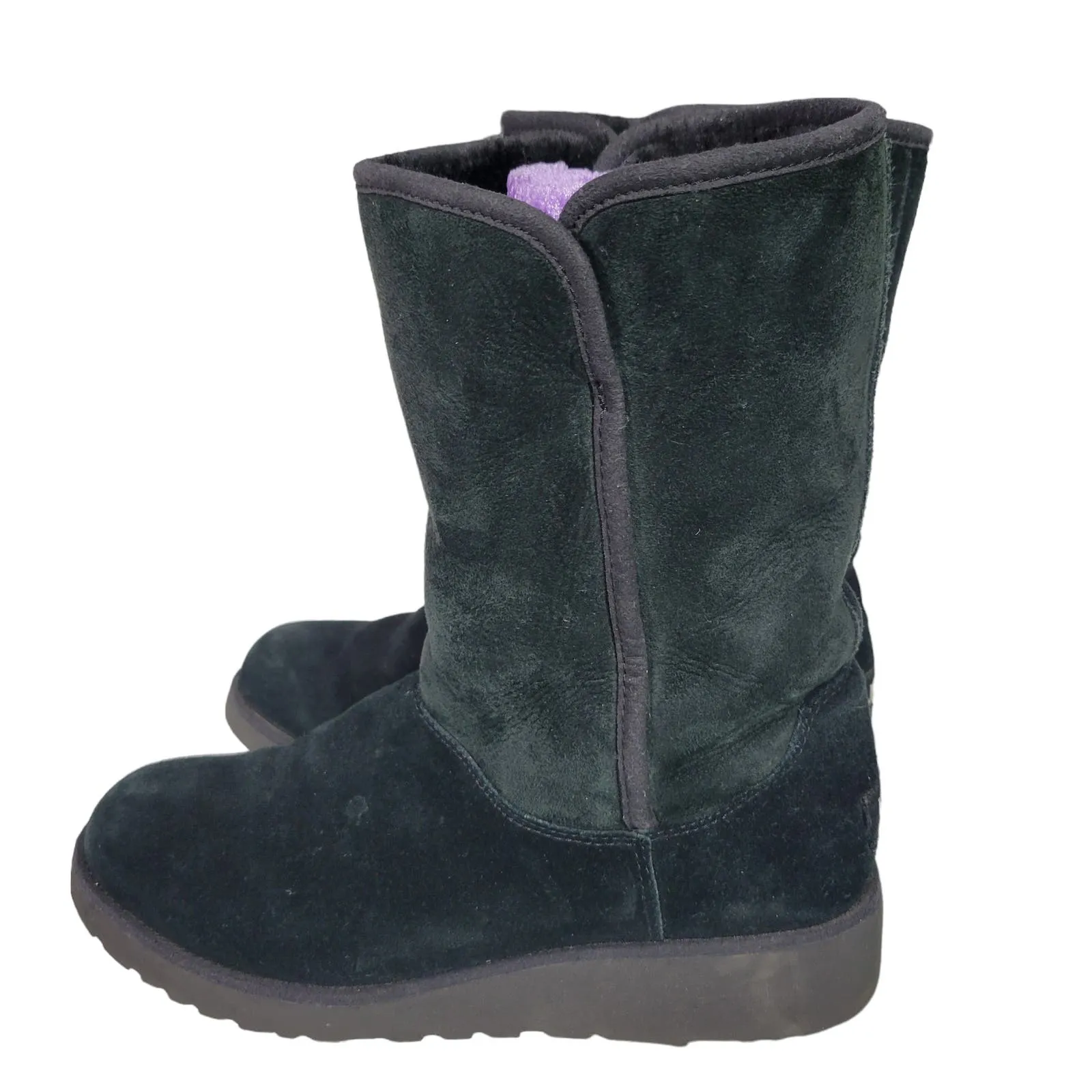 UGG Aimie Boots Black Wedge Heel Shearling Suede Sheepskin Fur Comfort Pull On Size 8