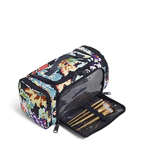 Vera Bradley Women's Recycled Lighten Up Reactive Large Travel Cosmetic Makeup Organizer Bag, Happy Blooms Cross-Stitch, One Size