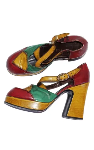VINTAGE 70s Disco Style Almond Toe Chunky Heel Sandals