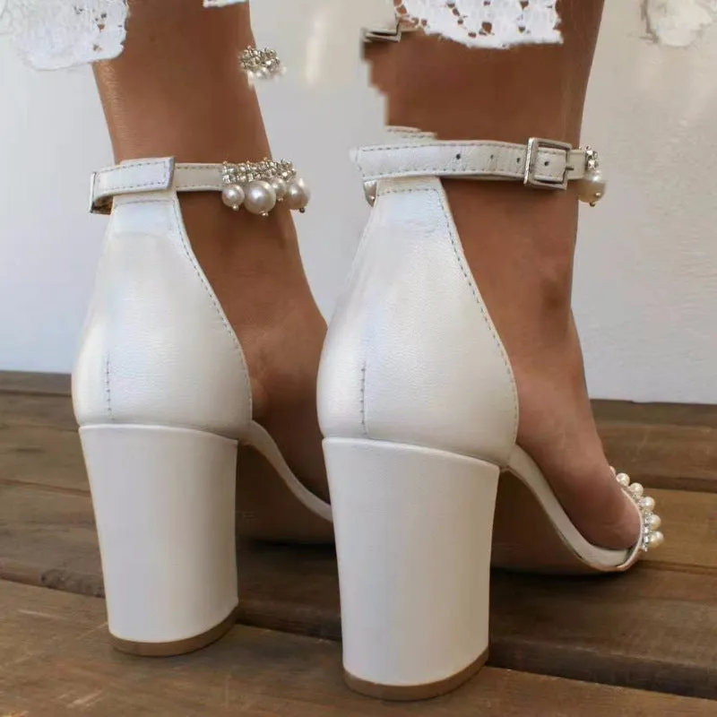 White diamante pearls wedding sandals with ankle strap