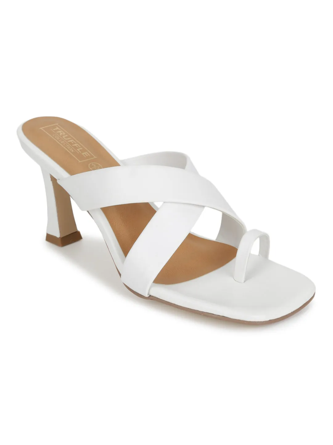 White PU Crossover Strap Solid Pattern Stiletto Mules (TC-SLC-A8-WHT)