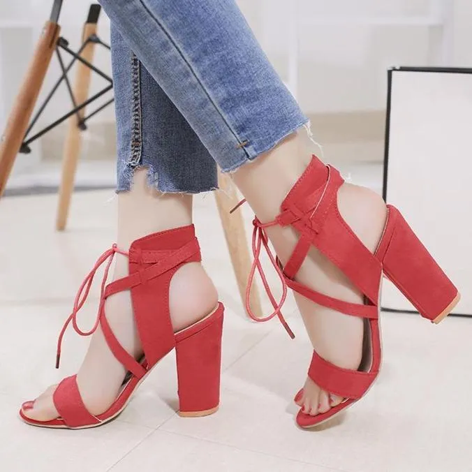 Women chunky peep toe criss cross strap lace up heels