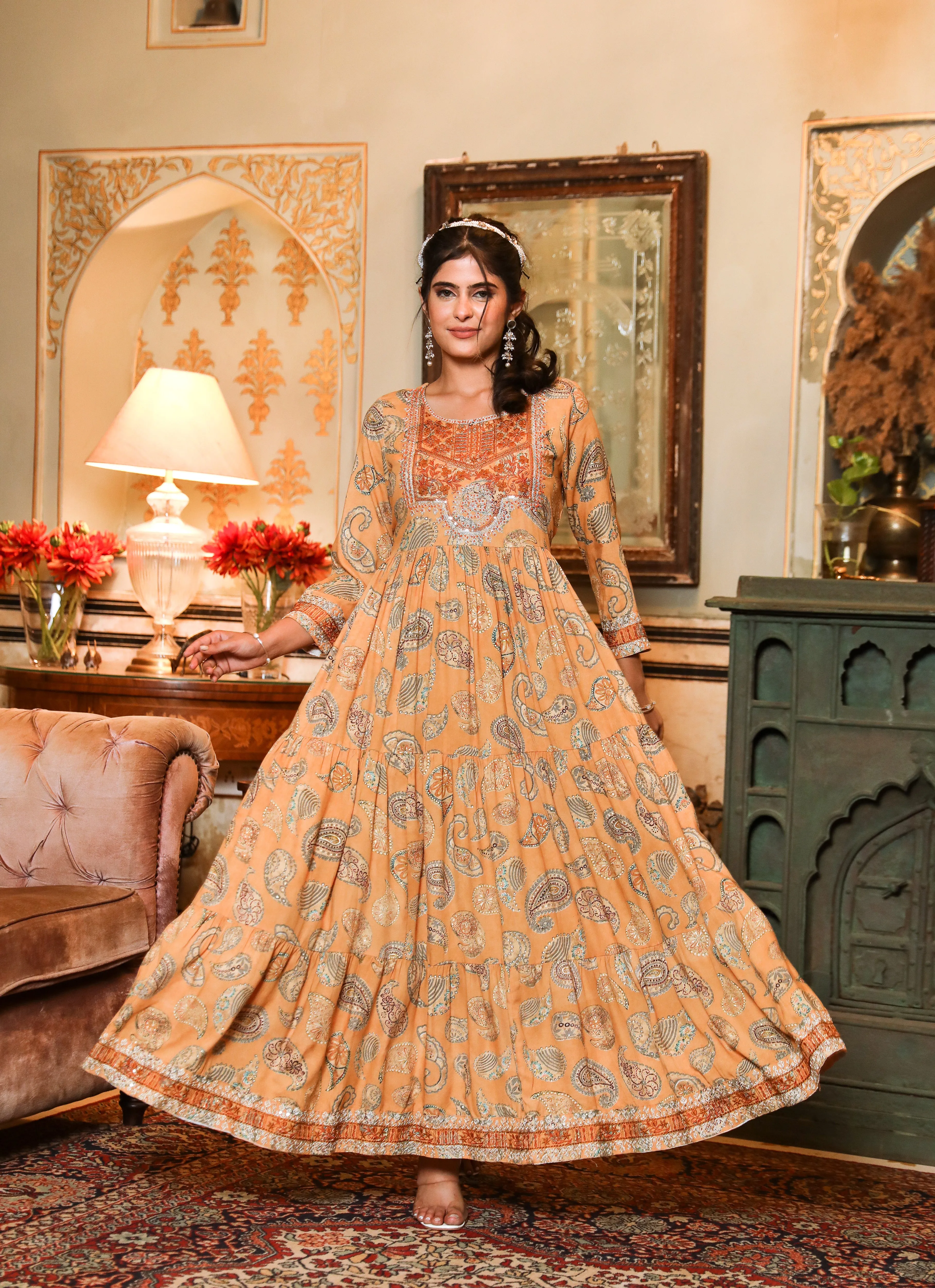 Women Mustard Rayon Tiered Gown