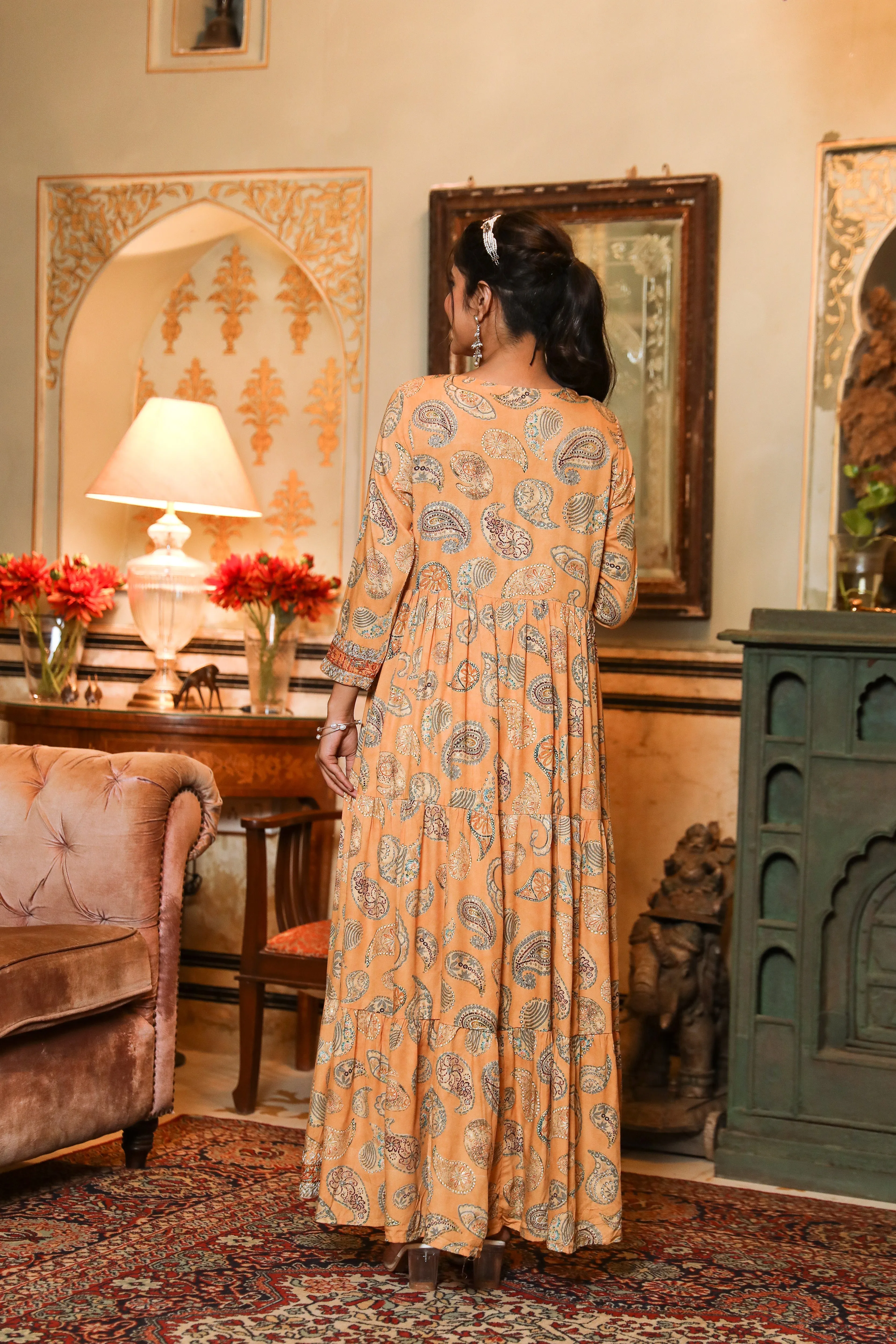 Women Mustard Rayon Tiered Gown