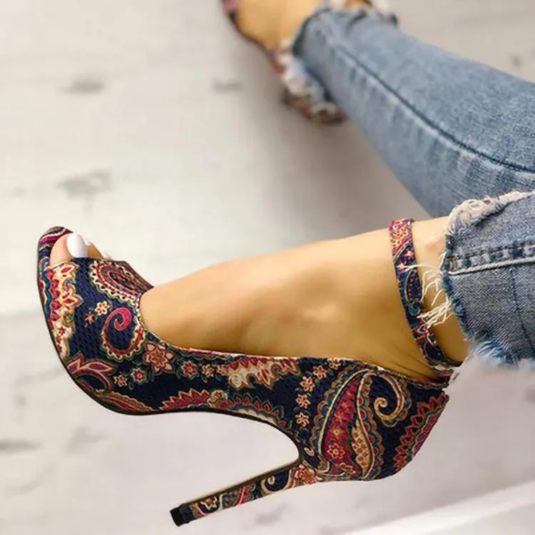 Women peep toe enthnic flower ankle ringe buckle strap stiletto heels