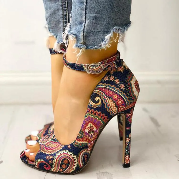 Women peep toe enthnic flower ankle ringe buckle strap stiletto heels
