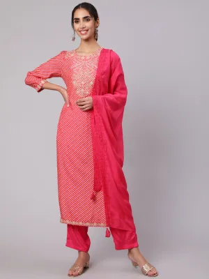 Women Pink Muslin Straight  Kurta Trouser & Dupatta Set