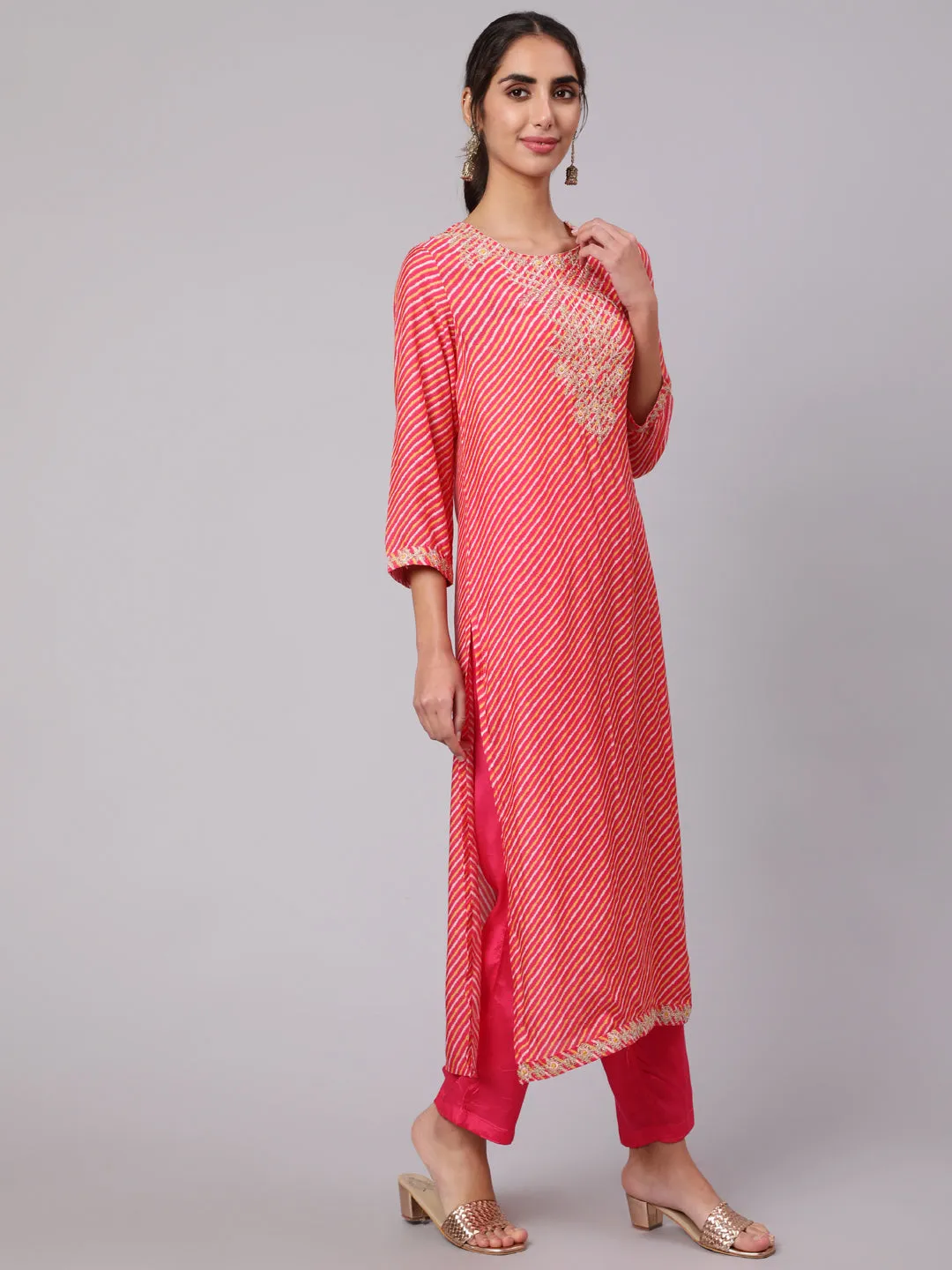 Women Pink Muslin Straight  Kurta Trouser & Dupatta Set