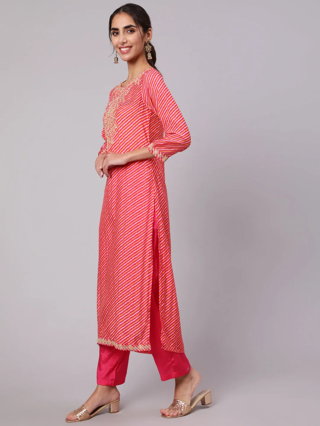 Women Pink Muslin Straight  Kurta Trouser & Dupatta Set