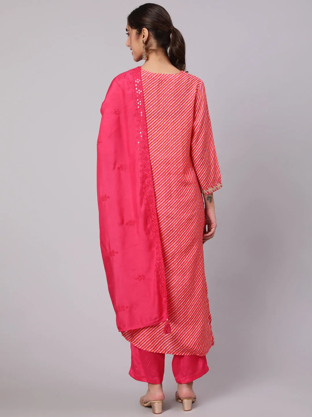 Women Pink Muslin Straight  Kurta Trouser & Dupatta Set