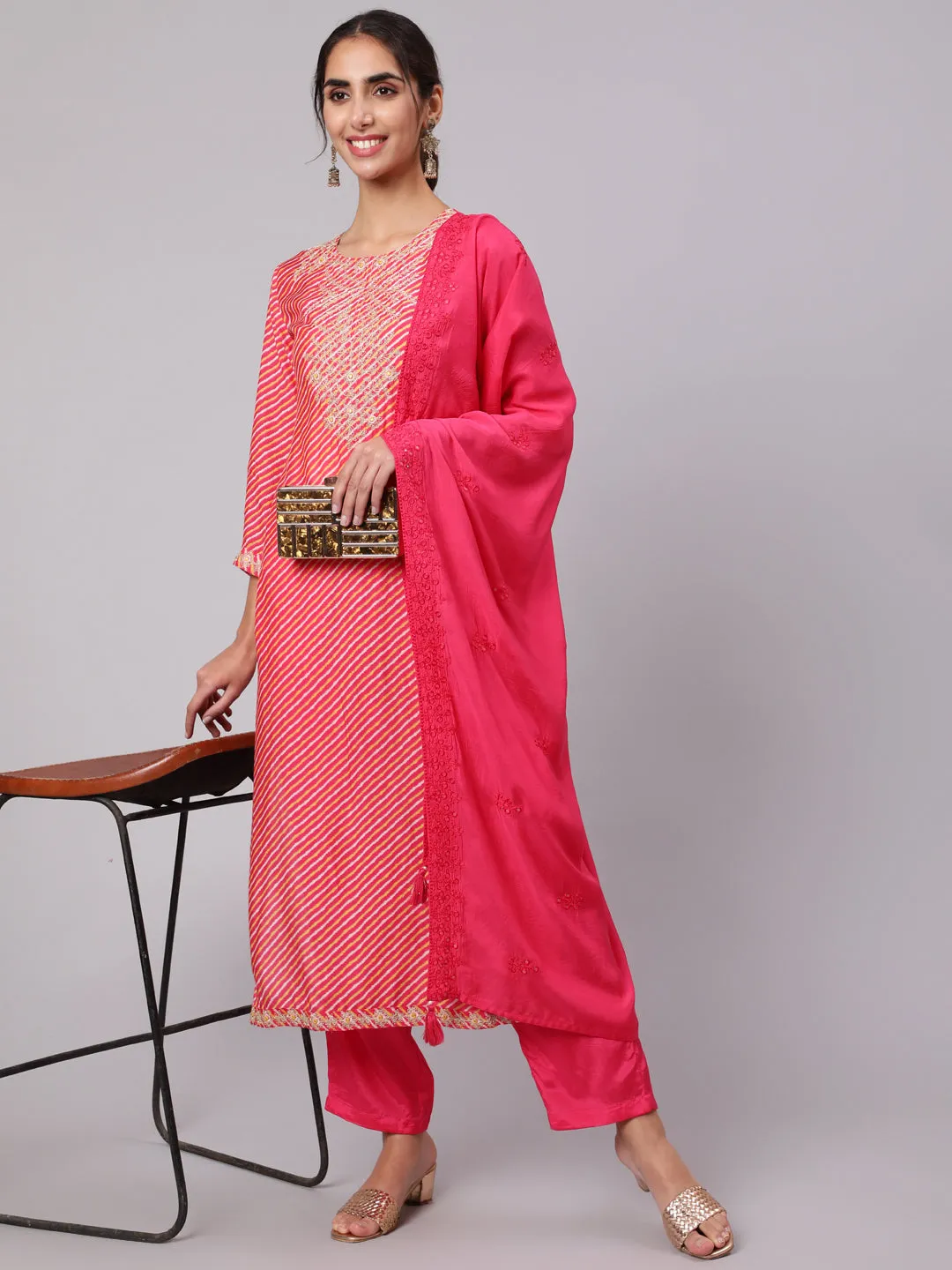 Women Pink Muslin Straight  Kurta Trouser & Dupatta Set