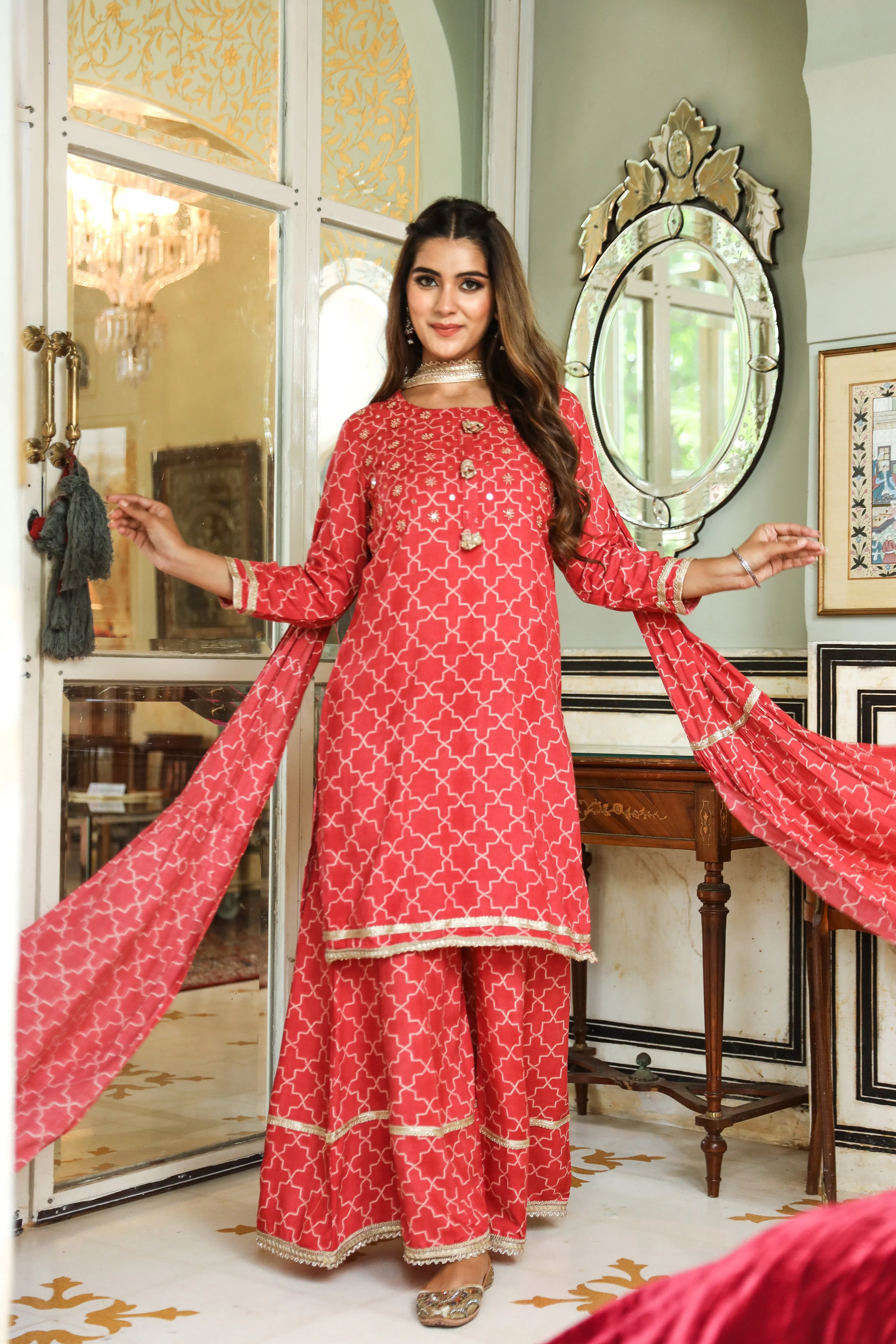 Women Red Rayon Straight  Kurta Sharara Dupatta & Fancy Potli Set