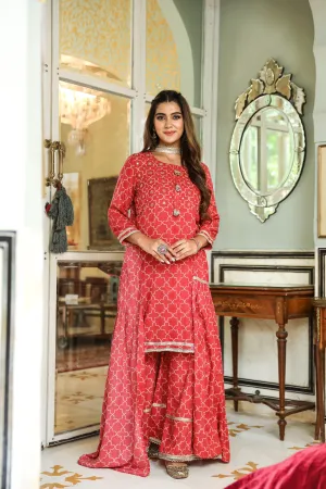 Women Red Rayon Straight  Kurta Sharara Dupatta & Fancy Potli Set