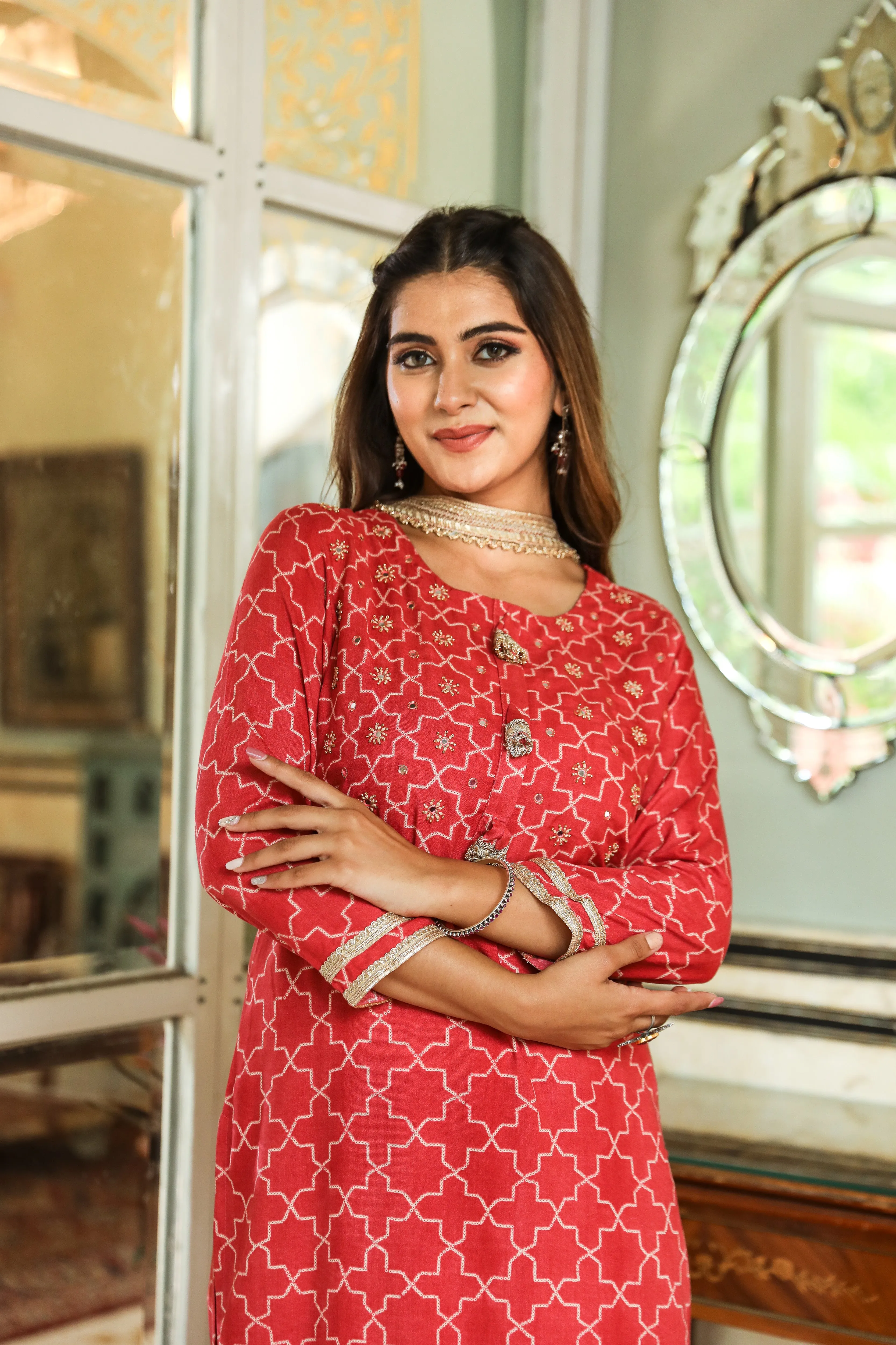 Women Red Rayon Straight  Kurta Sharara Dupatta & Fancy Potli Set