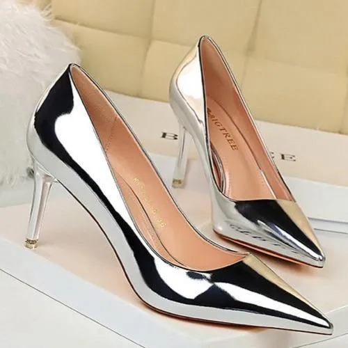 Women sexy champagne patent leather pointed toe high heel stilettos