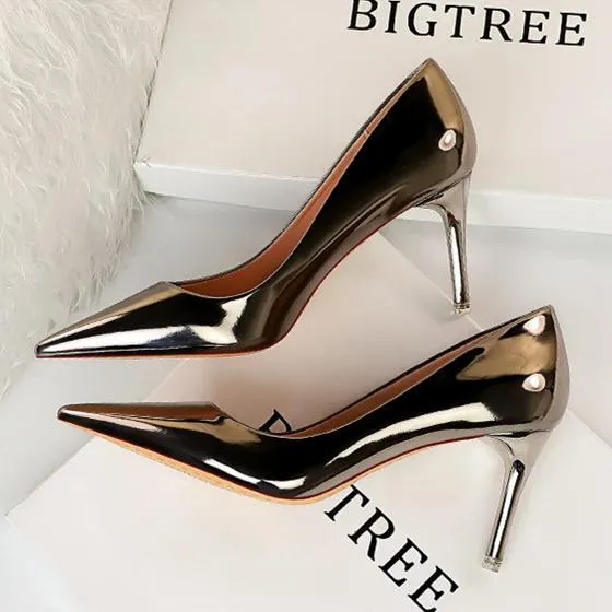 Women sexy champagne patent leather pointed toe high heel stilettos