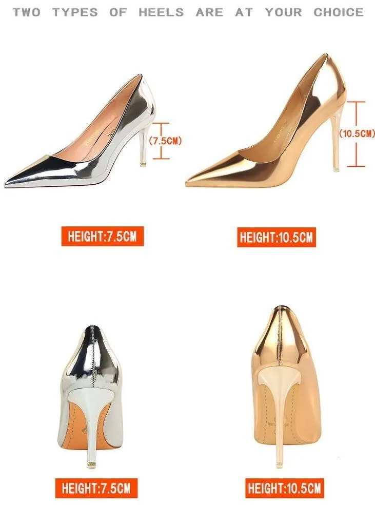 Women sexy champagne patent leather pointed toe high heel stilettos