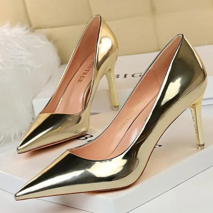 Women sexy champagne patent leather pointed toe high heel stilettos