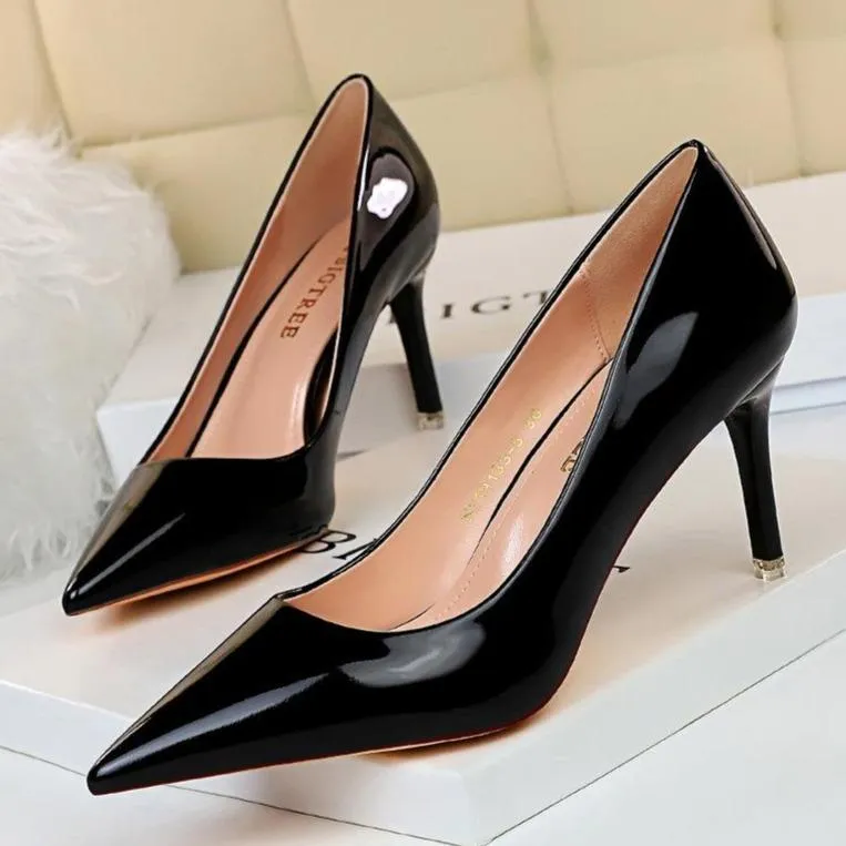 Women sexy champagne patent leather pointed toe high heel stilettos