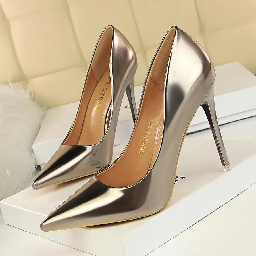 Women sexy champagne patent leather pointed toe high heel stilettos