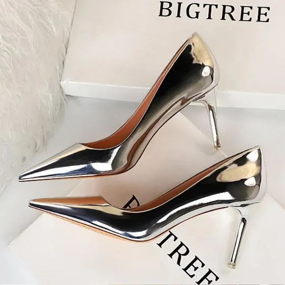 Women sexy champagne patent leather pointed toe high heel stilettos